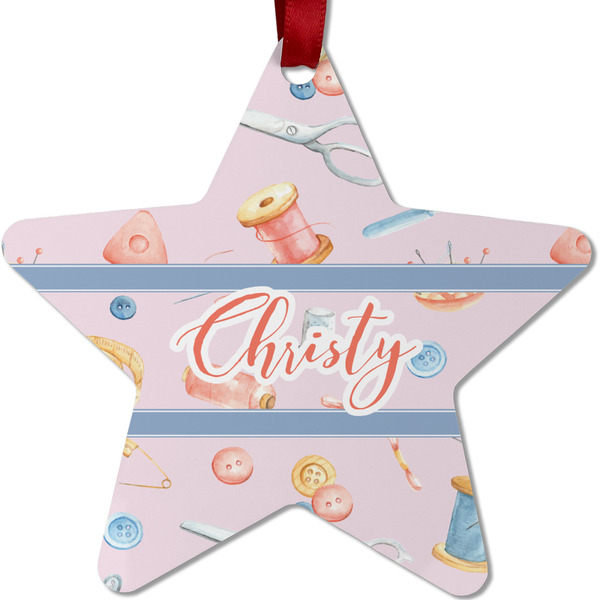 Custom Sewing Time Metal Star Ornament - Double Sided w/ Name or Text