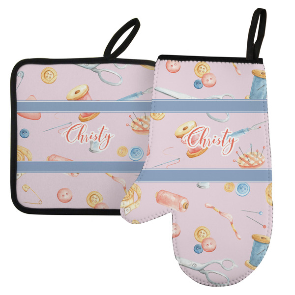 Custom Sewing Time Left Oven Mitt & Pot Holder Set w/ Name or Text