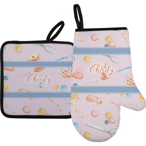 Custom Sewing Time Oven Mitt & Pot Holder Set w/ Name or Text