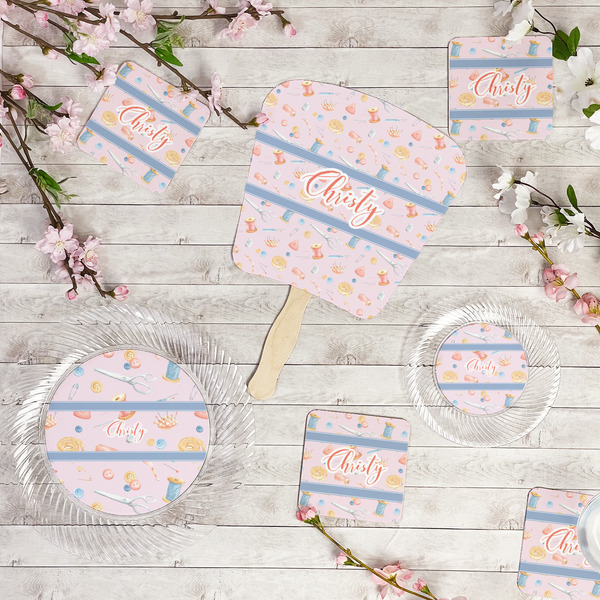Sewing Time Party Supplies Combination Image - All items - Plates, Coasters, Fans
