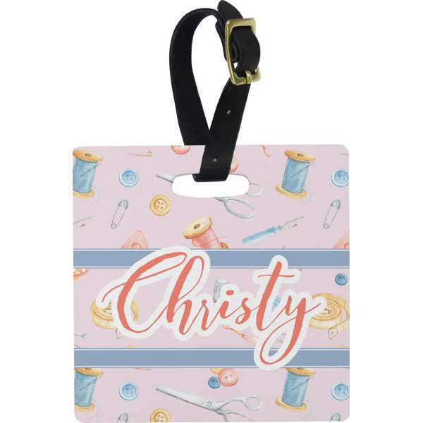 Custom Sewing Time Plastic Luggage Tag - Square w/ Name or Text