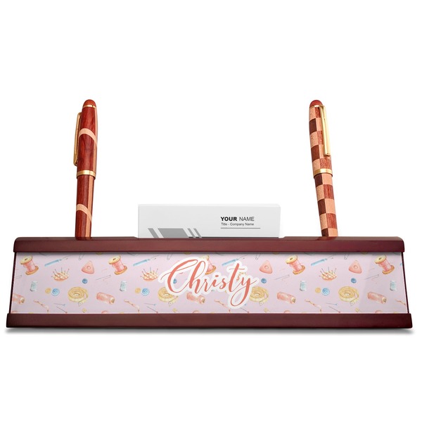 Sewing Time Red Mahogany Nameplates with Business Card Holder - Straight