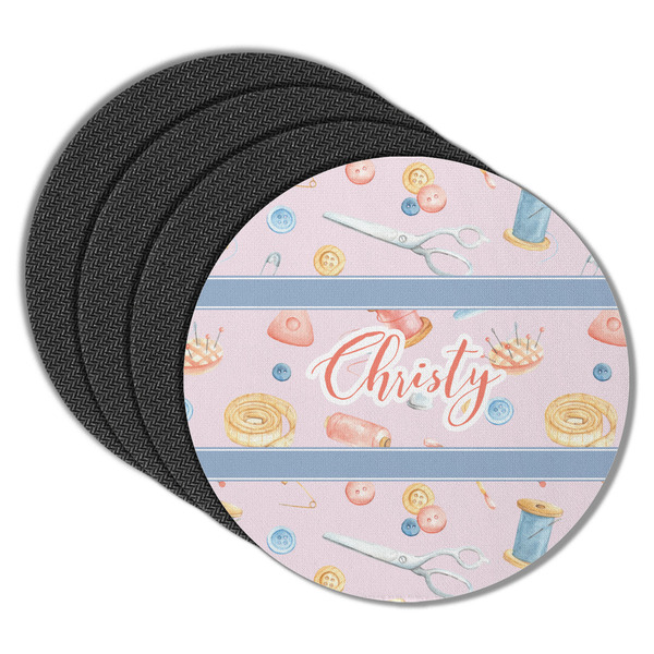 Custom Sewing Time Round Rubber Backed Coasters - Set of 4 (Personalized)