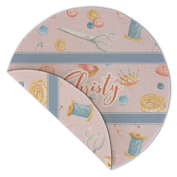 Sewing Time Round Linen Placemats - Front (folded corner double sided)