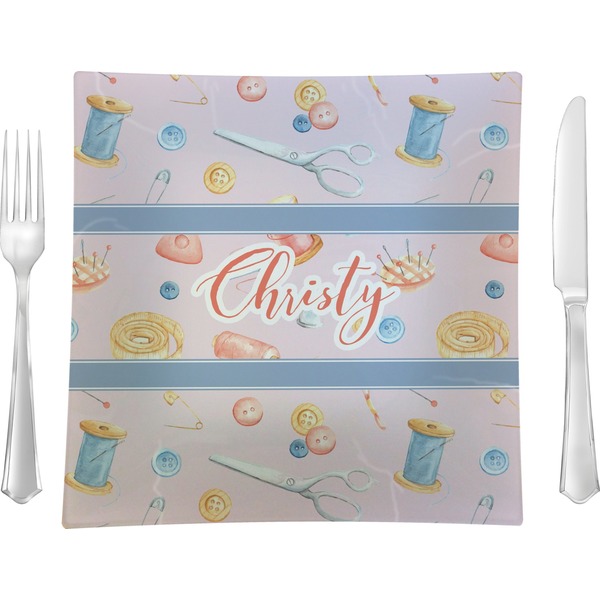 Custom Sewing Time Glass Square Lunch / Dinner Plate 9.5" (Personalized)