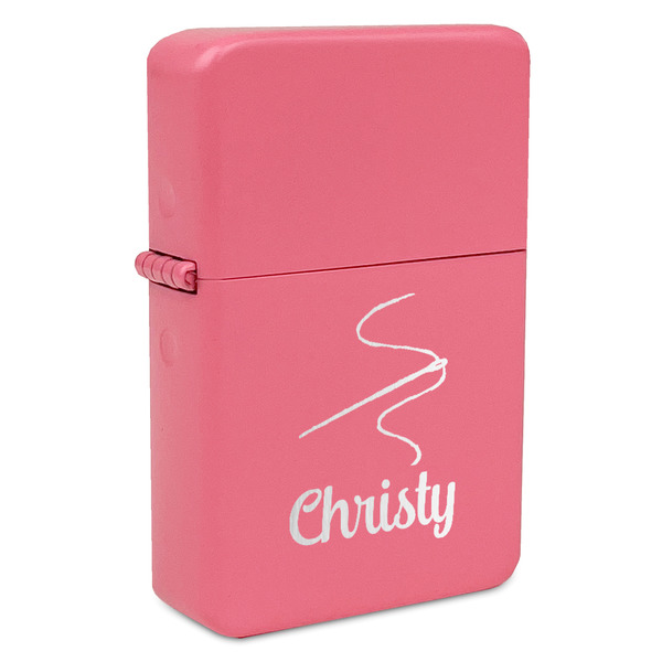 Custom Sewing Time Windproof Lighter - Pink - Single Sided & Lid Engraved (Personalized)