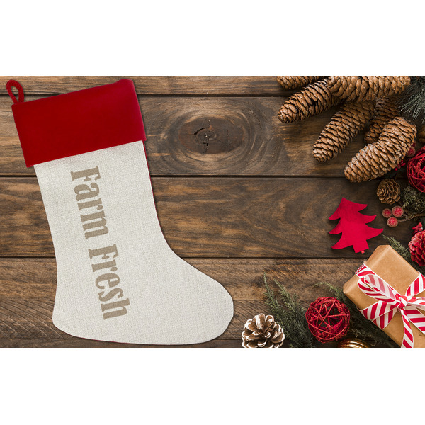 Farm Quotes Linen Stocking w/Red Cuff - Flat Lay (LIFESTYLE)