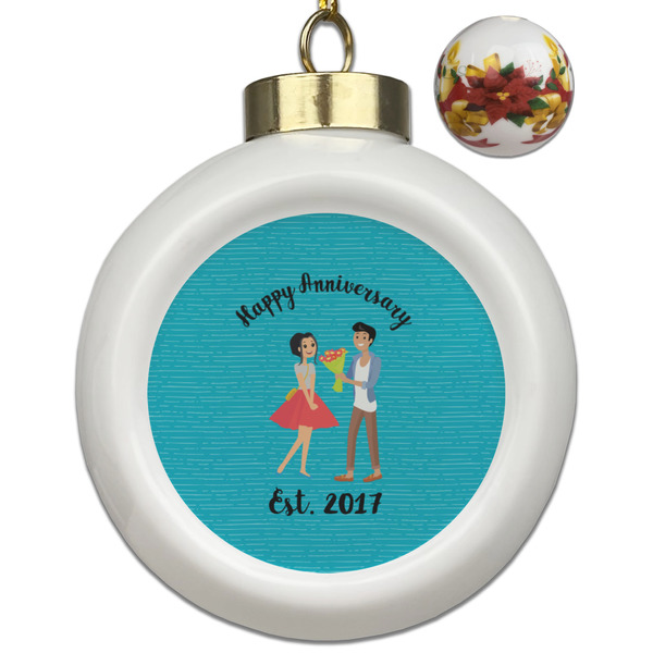 Custom Happy Anniversary Ceramic Ball Ornaments - Poinsettia Garland (Personalized)