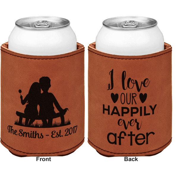 Happy Anniversary Cognac Leatherette Can Sleeve - Double Sided Front and Back