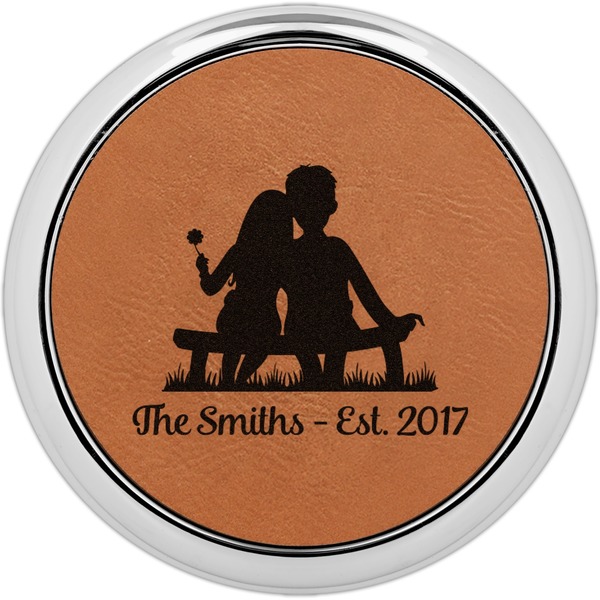Custom Happy Anniversary Set of 4 Leatherette Round Coasters w/ Silver Edge (Personalized)