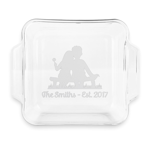 Custom Happy Anniversary Glass Cake Dish with Truefit Lid - 8in x 8in (Personalized)