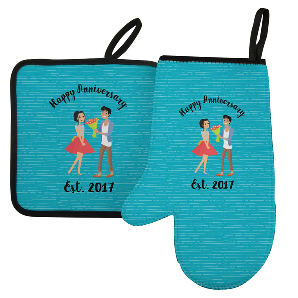 Custom Happy Anniversary Left Oven Mitt & Pot Holder Set w/ Couple's Names