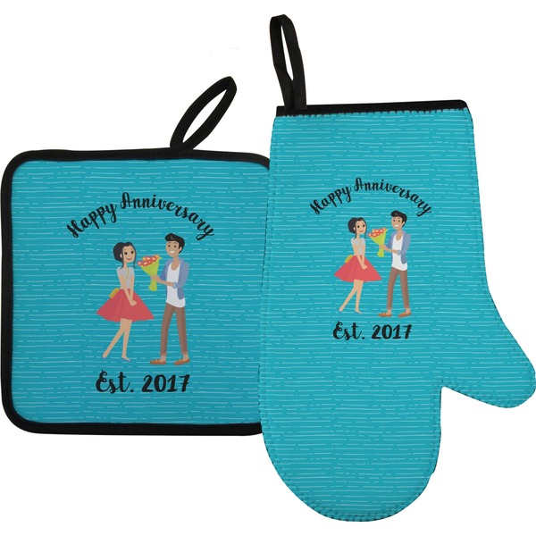 Custom Happy Anniversary Right Oven Mitt & Pot Holder Set w/ Couple's Names