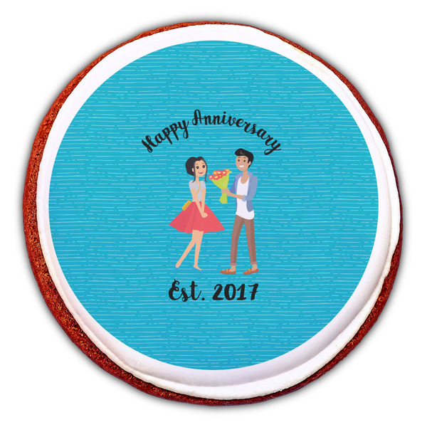 Happy Anniversary Printed Icing Circle - Large - On Cookie