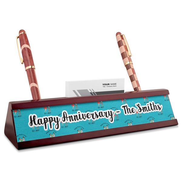 Custom Happy Anniversary Red Mahogany Nameplate with Business Card Holder (Personalized)