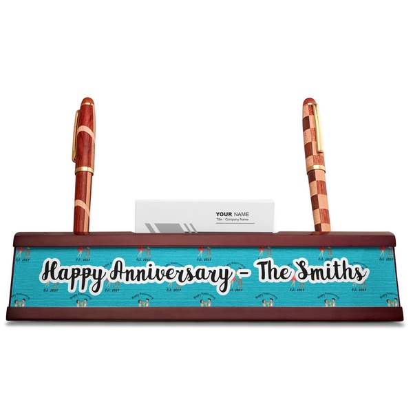 Happy Anniversary Red Mahogany Nameplates with Business Card Holder - Straight