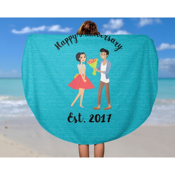 Happy Anniversary Round Beach Towel - In Use