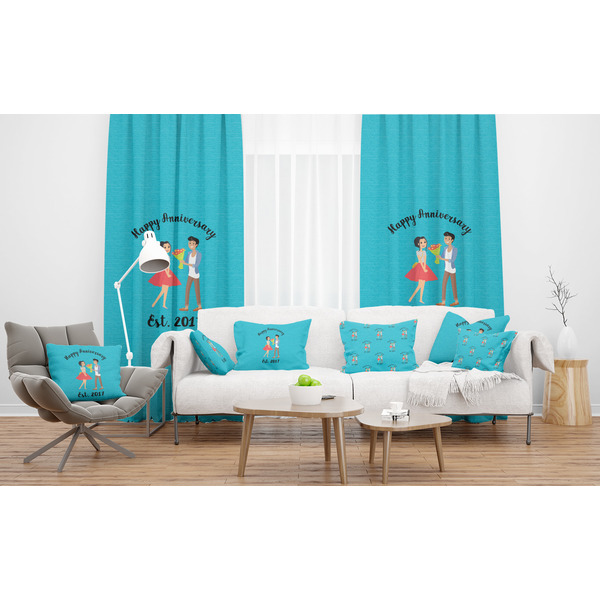 Happy Anniversary Sheer and Custom Curtains in Room with Matching Pillows