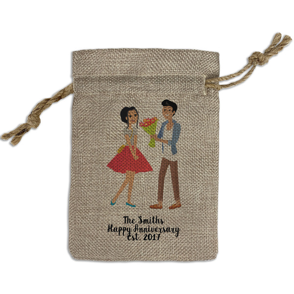 Custom Happy Anniversary Small Burlap Gift Bag - Front (Personalized)