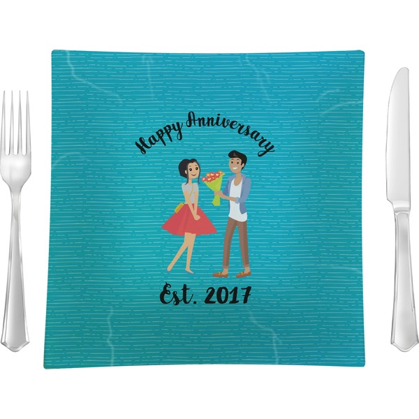 Custom Happy Anniversary Glass Square Lunch / Dinner Plate 9.5" (Personalized)