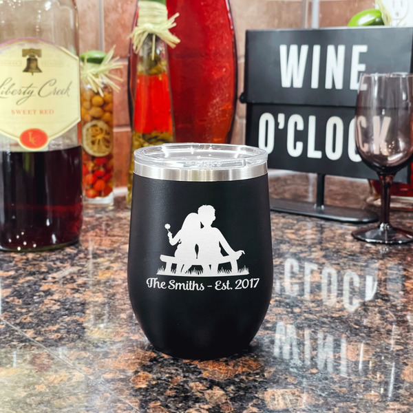 Happy Anniversary Stainless Wine Tumblers - Black - Single Sided - In Context