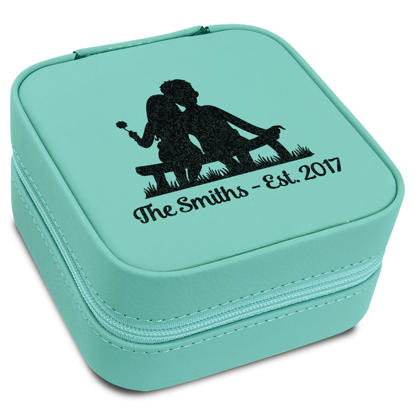 Custom Happy Anniversary Travel Jewelry Box - Teal Leather (Personalized)