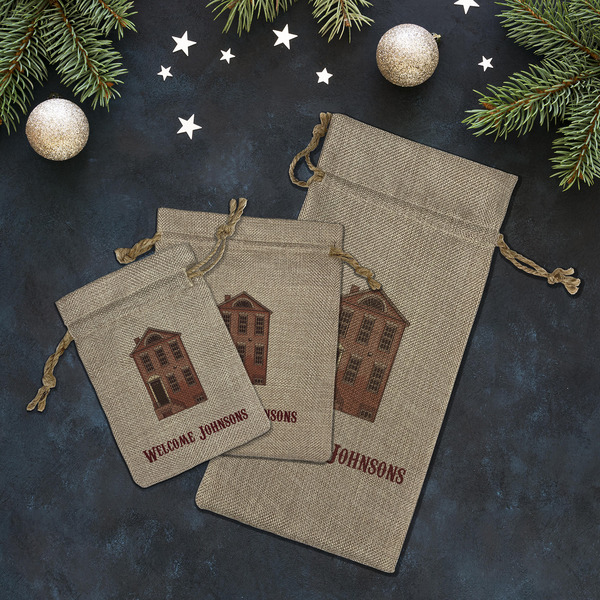 Housewarming Burlap Gift Bags - LIFESTYLE (Flat lay)
