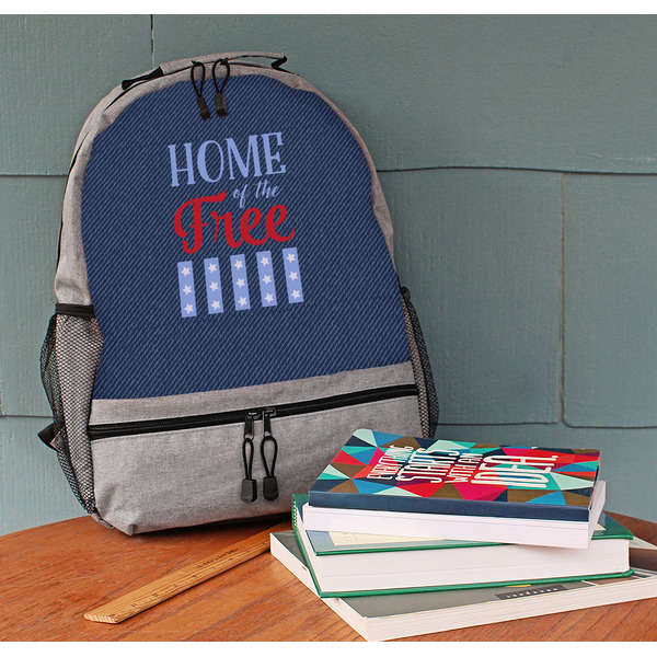 American Quotes Large Backpack - Gray - On Desk