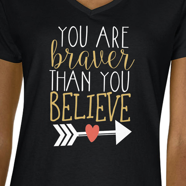 Inspirational Quotes Black V-Neck T-Shirt on Model - CloseUp