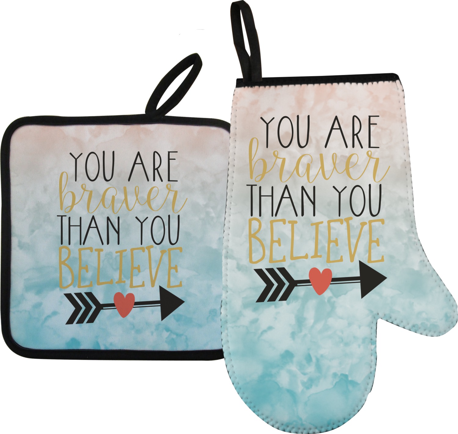 Floral Wreath Mainstream Kitchen Oven Mitt and Potholder 2-Piece Set with Inspirational Quote