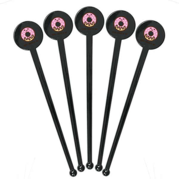 Donuts Black Plastic 7" Stir Stick - Round - Fan View