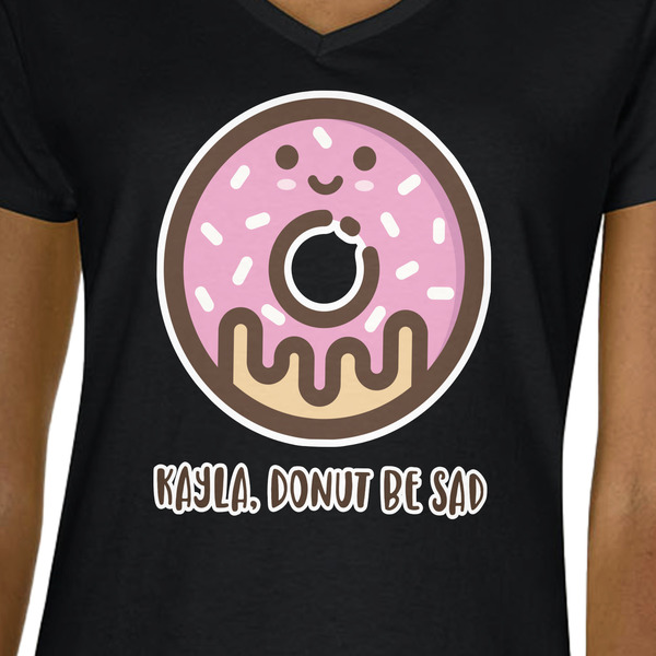Donuts Black V-Neck T-Shirt on Model - CloseUp