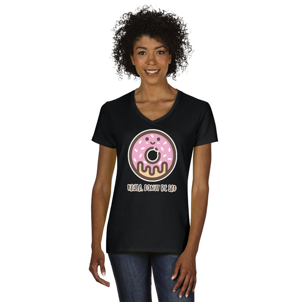 Custom Donuts Women's V-Neck T-Shirt - Black - Medium (Personalized)