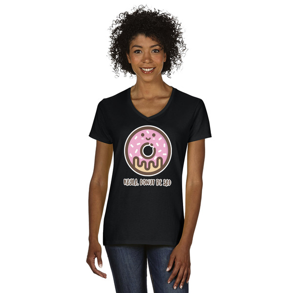 Custom Donuts Women's V-Neck T-Shirt - Black (Personalized)