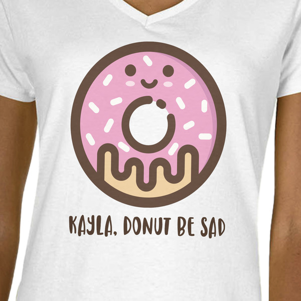 Donuts White V-Neck T-Shirt on Model - CloseUp