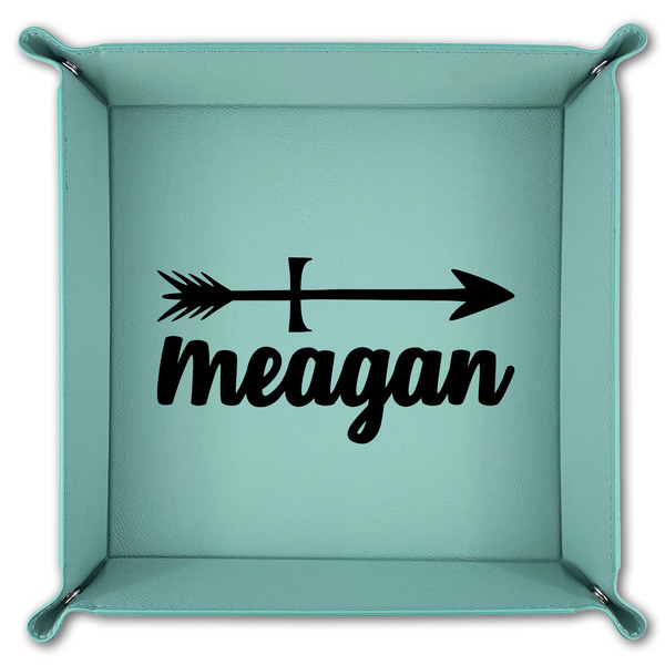 Tribal Arrows 9" x 9" Teal Leatherette Snap Up Tray - FOLDED