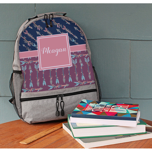 Tribal Arrows Large Backpack - Gray - On Desk