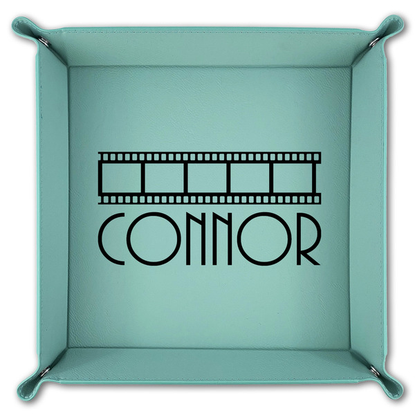 Movie Theater 9" x 9" Teal Leatherette Snap Up Tray - FOLDED