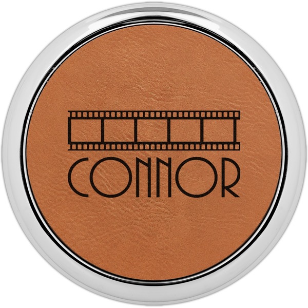 Custom Movie Theater Leatherette Round Coaster w/ Silver Edge (Personalized)