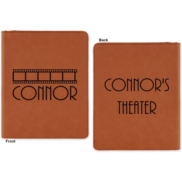 Movie Theater Cognac Leatherette Zipper Portfolios with Notepad - Double Sided - Apvl