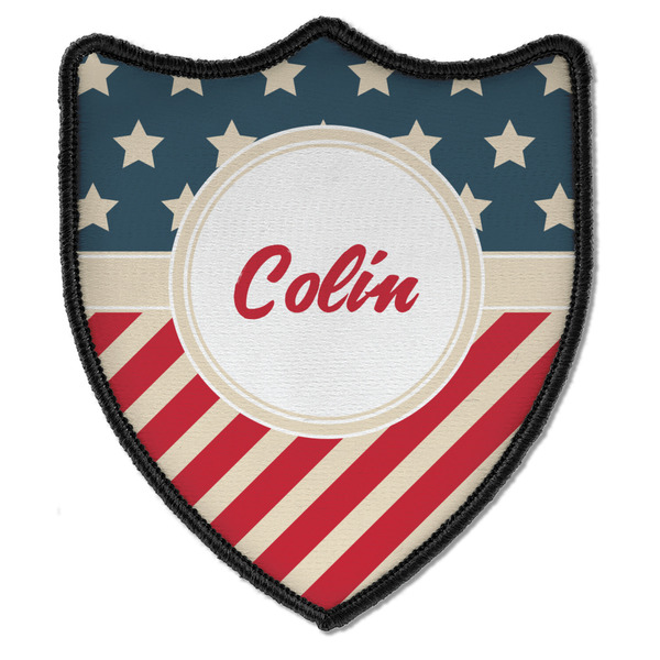 Custom Stars and Stripes Iron On Shield Patch B w/ Name or Text