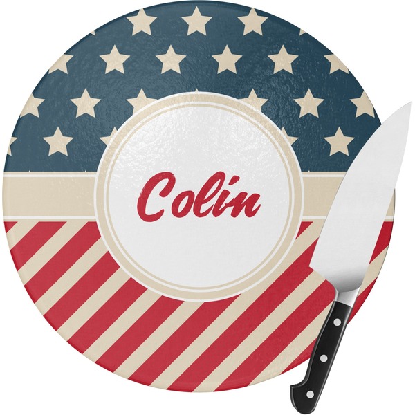 Custom Stars and Stripes Round Glass Cutting Board - Small (Personalized)