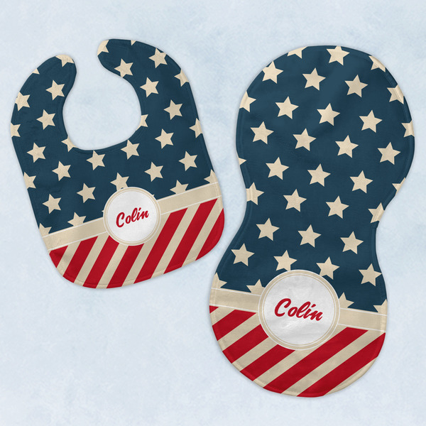 Custom Stars and Stripes Baby Bib & Burp Set w/ Name or Text