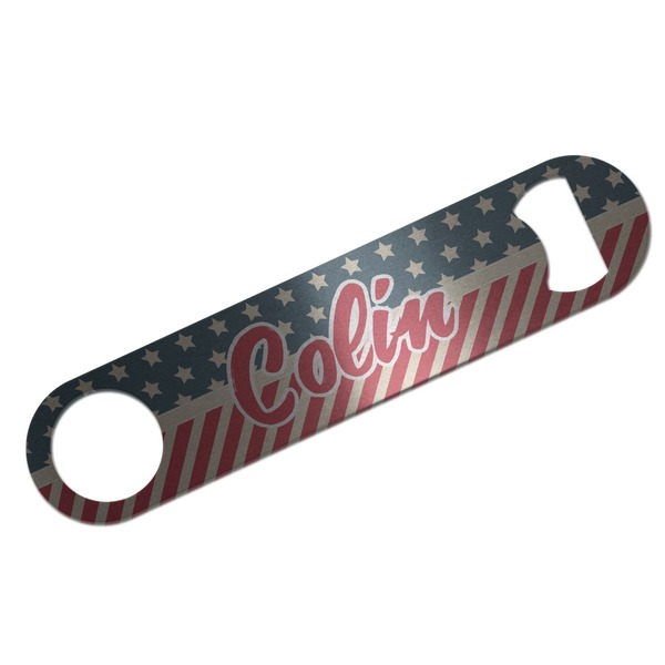 Custom Stars and Stripes Bar Bottle Opener - Silver w/ Name or Text