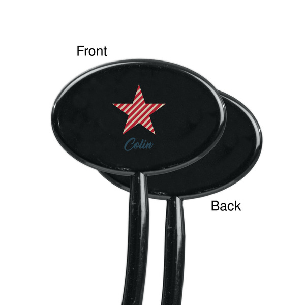 Stars and Stripes Black Plastic 7" Stir Stick - Single Sided - Oval - Front & Back