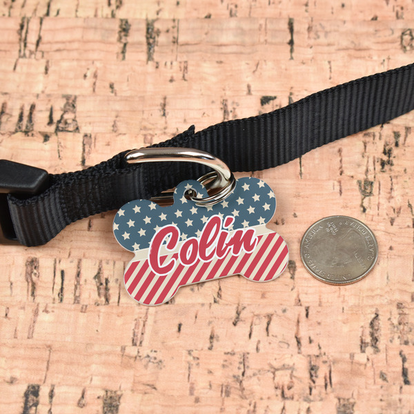 Stars and Stripes Bone Shaped Dog ID Tag - Large - In Context