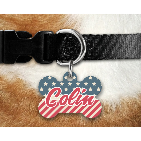Stars and Stripes Bone Shaped Dog Tag on Collar & Dog