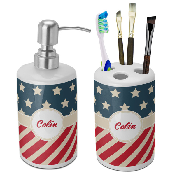 Custom Stars and Stripes Ceramic Bathroom Accessories Set (Personalized)