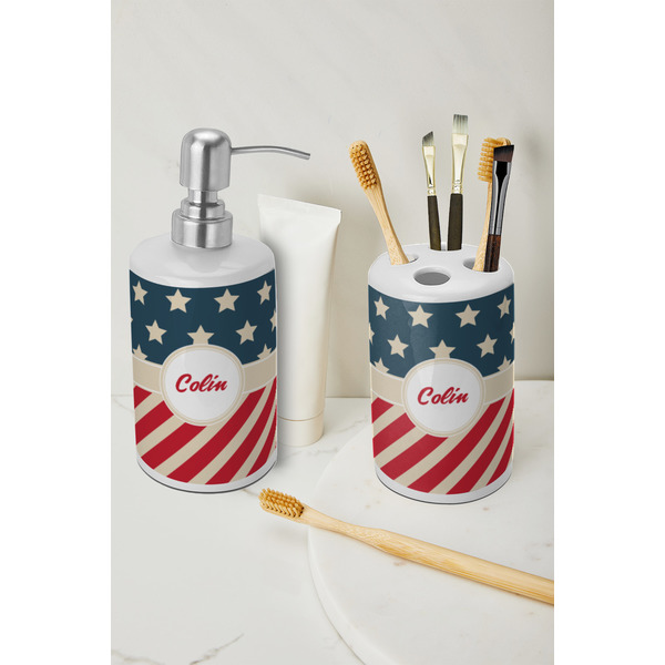 Stars and Stripes Ceramic Bathroom Accessories - LIFESTYLE (toothbrush holder & soap dispenser)