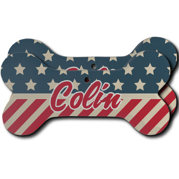 Custom Stars and Stripes Ceramic Dog Ornament - Front & Back w/ Name or Text